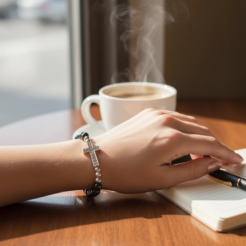 Black Precious Stone Beaded Bracelet with Sideways Crystal Cross
