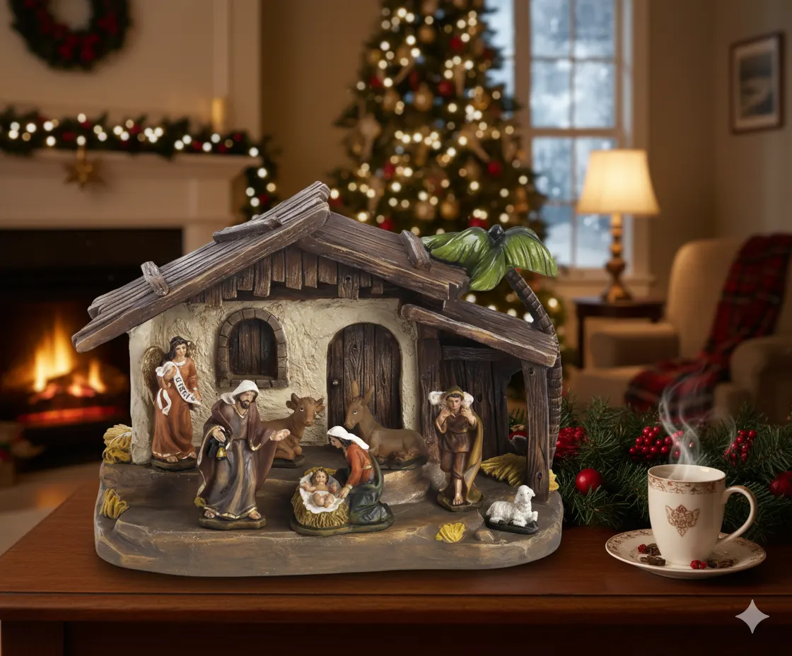 Christmas Crèche with Manger Hut and Holy Family Resin Figurines (8-Piece, 7 cm)