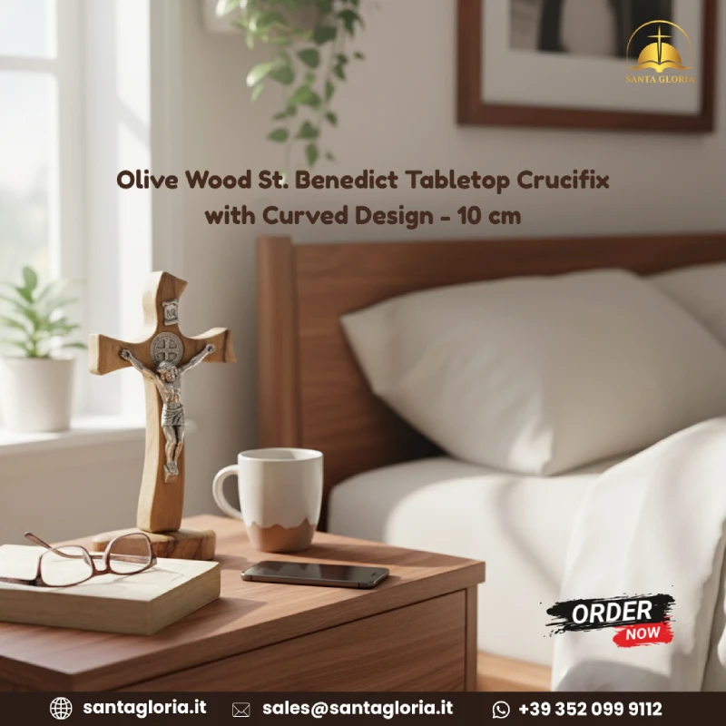 Curved Olive Wood Standing Crucifix with St. Benedict Medal