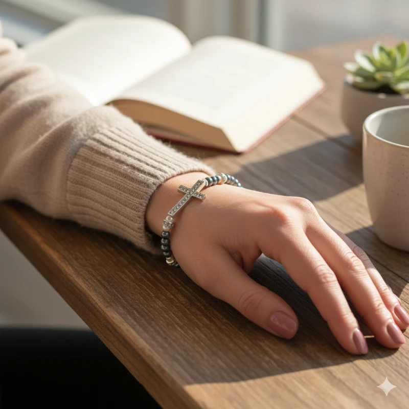Faux Pearl and Gray Beaded Stretch Bracelet with Crystal Sideways Cross