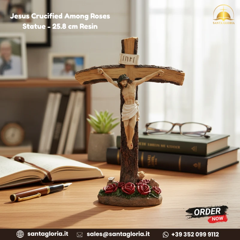 Resin Crucifix with Roses Statue - 25.8 cm