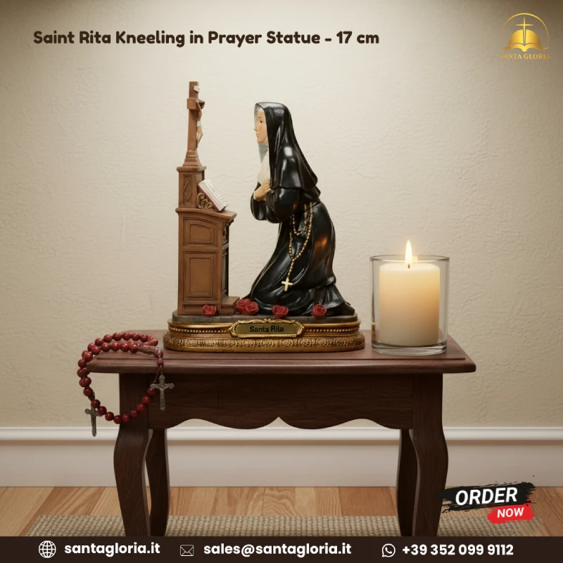Statue of Saint Rita Kneeling Before Crucifix with Roses, 17 cm in Resin