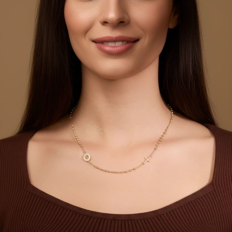 Gold Rosary Necklace with Cubic Zirconia