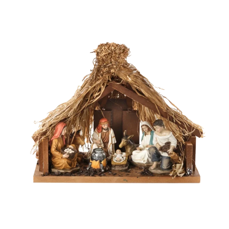 25 cm Resin and Wood Nativity Scene with Thatched Stable