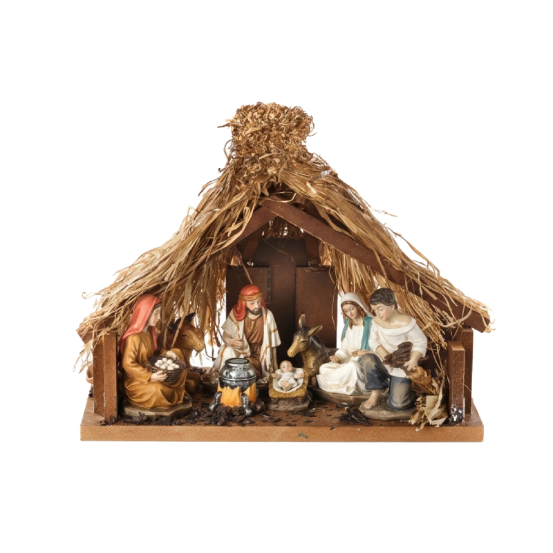 25 cm Resin and Wood Nativity Scene with Thatched Stable