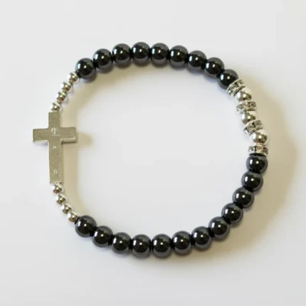 6mm Black Precious Stone Bracelet with Crystal Cross Charm