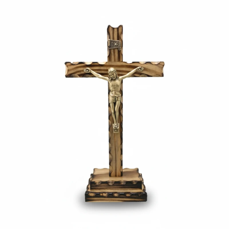 Burnt Pine Wood Standing Crucifix