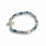 Crystal Sideways Cross Bracelet with Blue Beads and Saint Medals