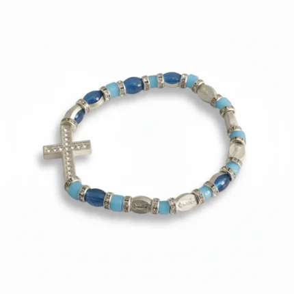 Crystal Sideways Cross Bracelet with Blue Beads and Saint Medals