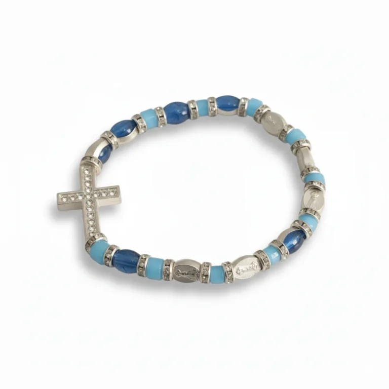 Crystal Sideways Cross Bracelet with Blue Beads and Saint Medals