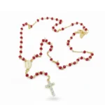 Elegant 4mm Red Rosary Beads with Gold Tone Chain and Sparkling Cross