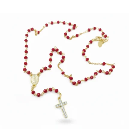 Elegant 4mm Red Rosary Beads with Gold Tone Chain and Sparkling Cross