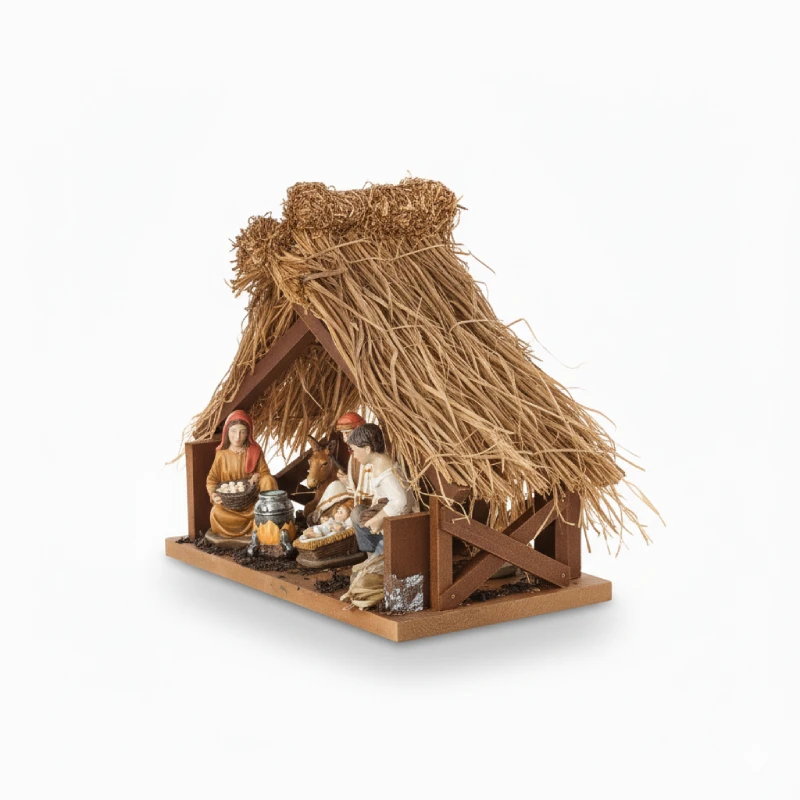 Hand-painted resin nativity scene in wooden stable
