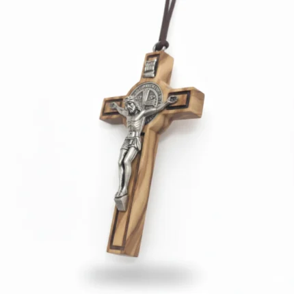 Italian _Croci da Collo_ Style Wooden Crucifix with St. Benedict Medal