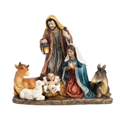 Nativity Group with Holy Family, Ox, Donkey, and Sheep - 29 cm Resin