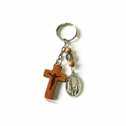 Our Lady of Fatima Keychain with Medal and Wooden Cross