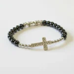Precious Stone Bracelet with 6mm Black Beads and Pave Crystal Cross