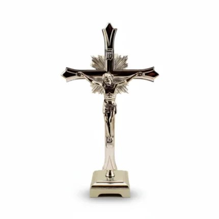 Silver Tone Metal Tabletop Crucifix with Stand