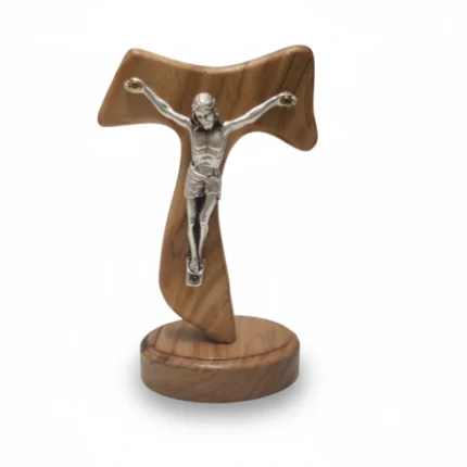 Standing Olive Wood Tau Cross with Base