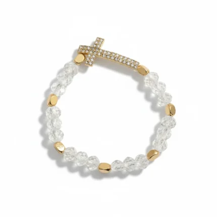 White Glass and Crystal Cross Stretch Bracelet