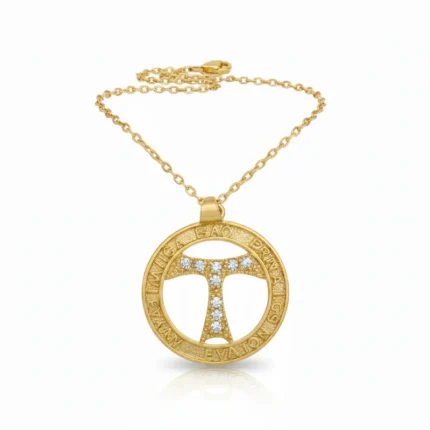 Gold Tone Tau Cross Crystal Pendant Necklace