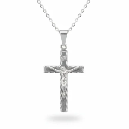 Hammered Finish INRI Crucifix Pendant Necklace