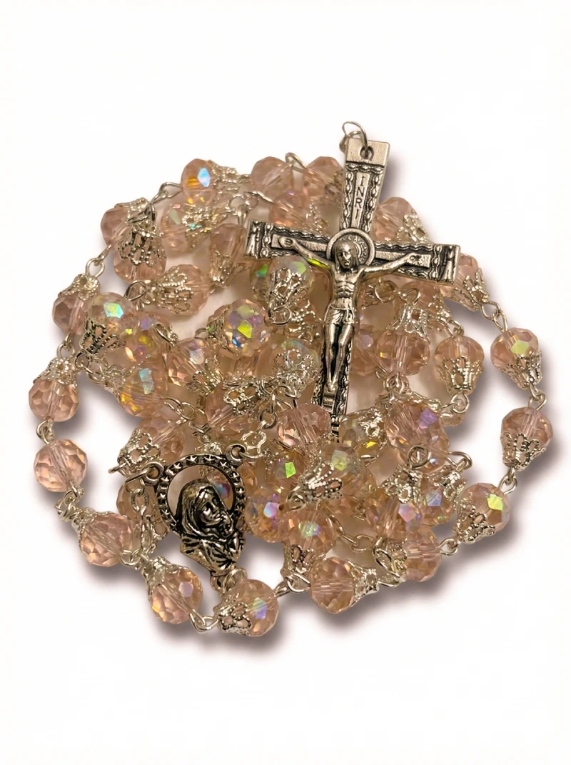 Elegant Pink Crystal Rosary Beads – Religious Gift for First Communion or Confirmation